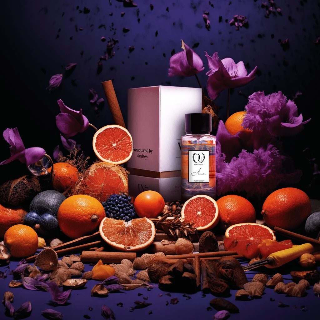 An Aura signature flacon among citrus, florals and spices